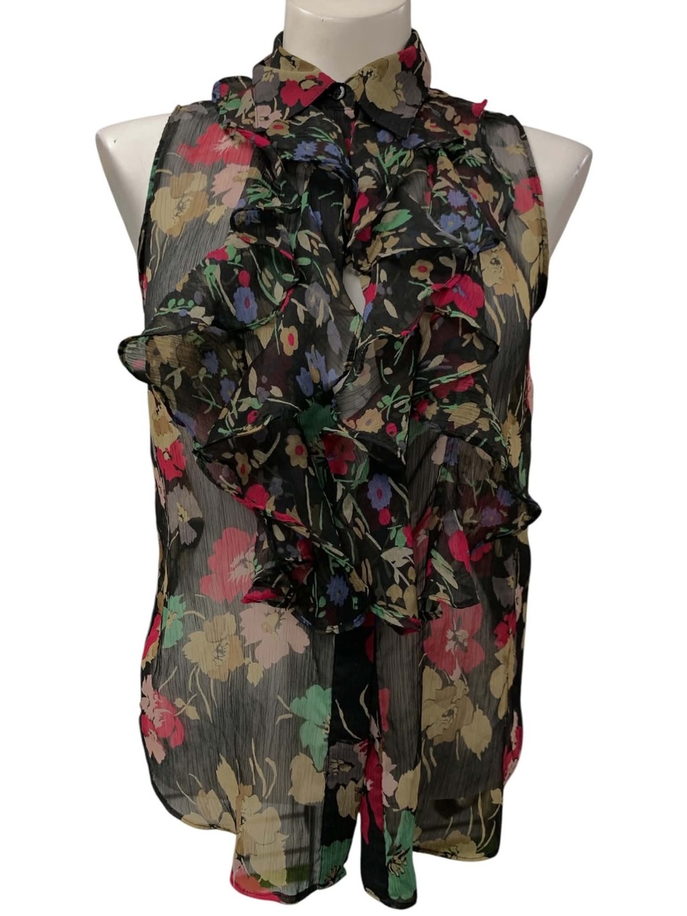 Ralph Lauren Black Sheer Floral Ruffle Sleeveless Blouse Size M